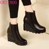 2025 Herbst Winter weiches Leder Plattform High Heels Mädchen Keile Stiefeletten Schuhe für Frau Mode Stiefel Frauen Größe 34-40