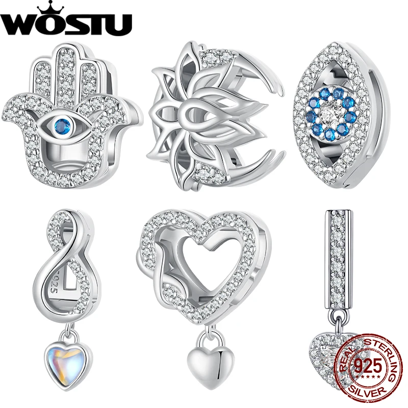 Wostu 925 Sterling Silber Hand von Fatima Clip Perle Unendlichkeit Liebe Herzform Schnalle Lotus Charm Fit DIY flache breite Armband kette
