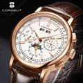 Corgeut 42mm Automatic Men's Watch Date Day Month Year Rose Gold Dial Multifunction 316L Leather