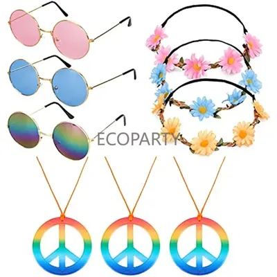 Euvoym 3 Stück Hippie Kostüm Zubehör Set Retro Stil Kreis Gläser WithSign Halskette Daisy Sunflower Stirnbänder für Frauen Image