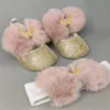 Dollbling Staubigen Rosa Feder Ball Fell Baby Schuhe Stirnband Set Luxus Diamant Flusen Outfit Red Bottom Kleinen Mädchen Taufe Schuhe