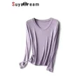 SuyaDream Women's Wool and Silk Blend T-Shirt Round Neck Long Sleeved Basic Tee Monochromatic