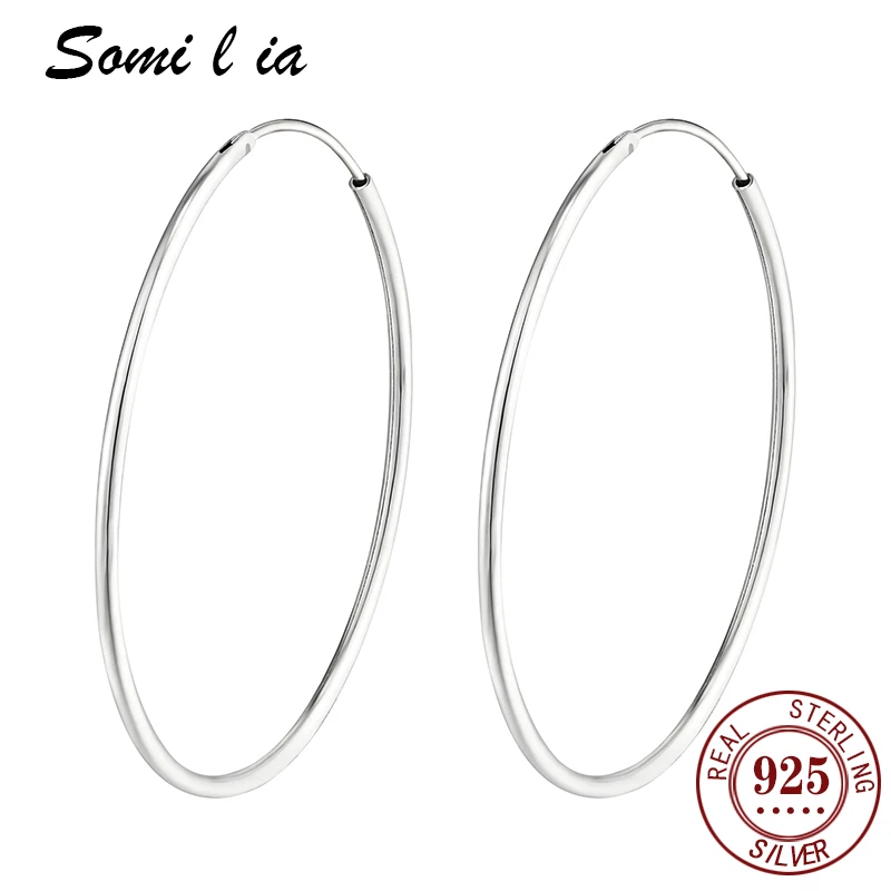 SOMILIA 925 Sterling Silver Platinum Big Hoop Earrings for Women Real Money Jewelry Female Fashion Womens Fine Earrings 10-90mm