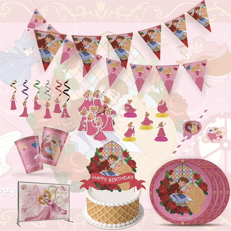 Disney Prinzessin Dornröschen Thema Geburtstag Party Dekoration Lieferungen Teller Servietten Ballon Baby Dusche Einweg Geschirr Image