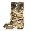 Damen-Stiefel mit mittlerer Wade, dicker Boden, runde Zehenpartie, Plissee-Stiefel im Runway-Stil, Damen-Plateaustiefel, Gold, Silber, große Schuhe 2025,