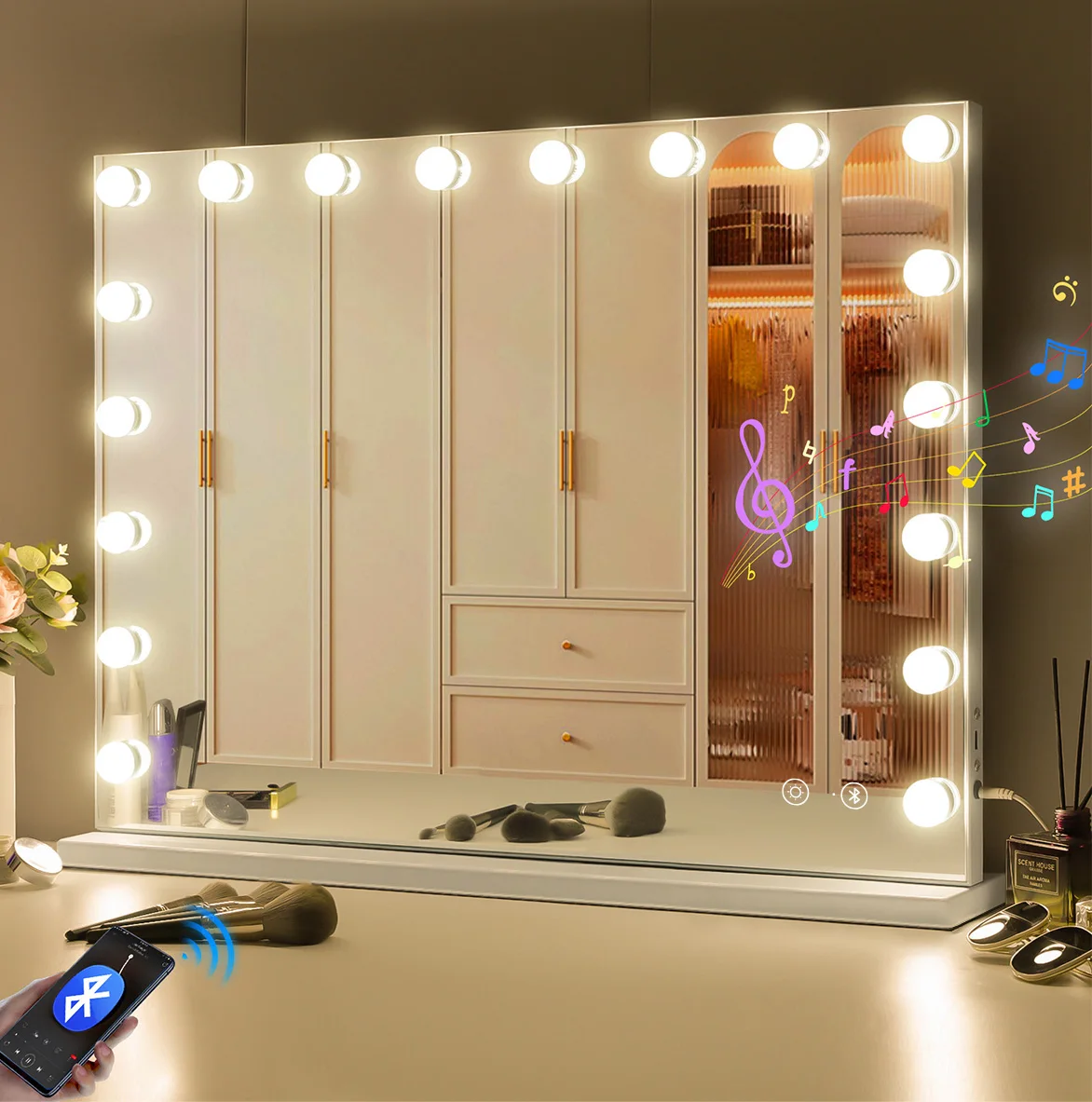 Großer Kosmetik spiegel mit Lichtern und Bluetooth-Lautsprechern dimmbare LED-Leuchten mit 10-facher Vergrößerung USB-Anschluss für Frauen Make-up Image