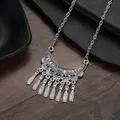 Ethnic Tibetan Silver Tassel Necklace for Women Vintage Flower Carved Crescent Shape Necklace Gypsy