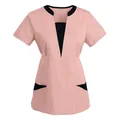 Nursing Uniform Women Tops Short Sleeve V-neck Work Uniform Solid Patchwork Color Pockets Blouse