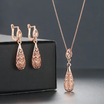 Klassische Höhlte-out Wasser Tropfen Rose Gold Farbe/Sivler Farbe Mode Schmuck Sets Halskette +