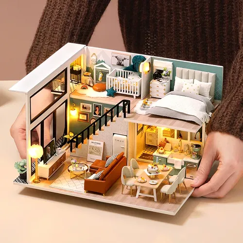 CUTEBEE-DIY Holzpuppenhaus-Kit modernes Miniatur-Puppenhaus mit Möbel lichtern magisches