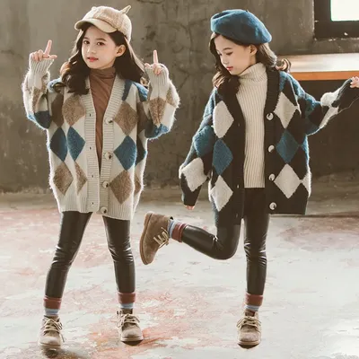 2025 Herbst Winter Teenager Kinder Mädchen Pullover Plaid Strickjacke Kinder Europäische Amerikanische Jacke 5 6 7 8 9 10 11 12 Jahr
