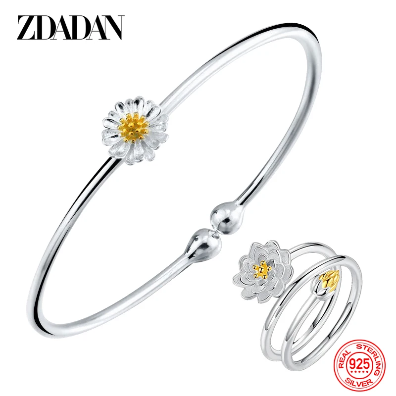 ZDADAN 925 Silber Lotus Offene Manschette Armbänder Armreif Ring Set Für Frauen Mode Schmuck
