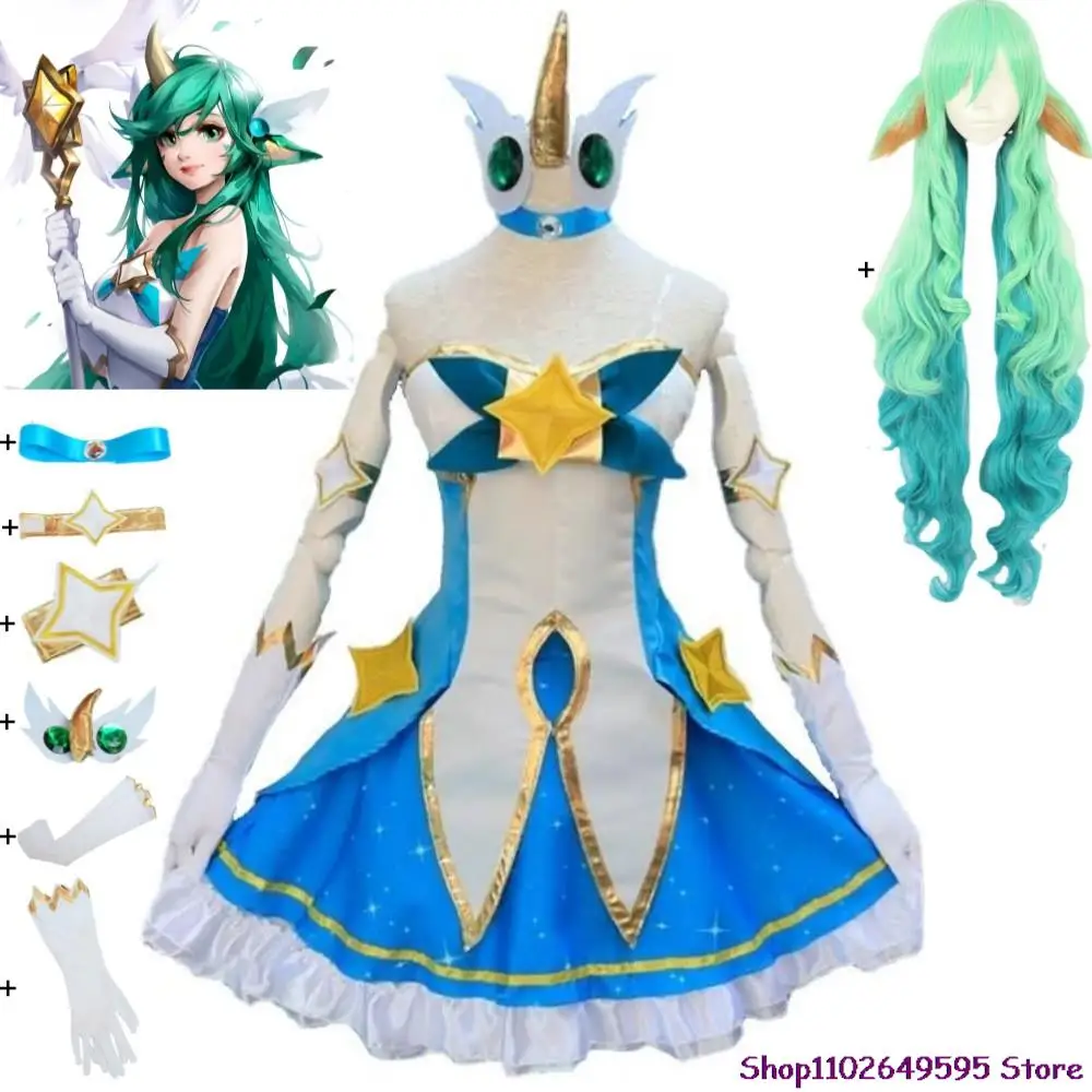 Spiel LOL Star Guardian of Soraka Cosplay Kostüm Die Starchild Perücke Ohren Horn Anime Lolita Kleid Halloween Sexy Frauen Grüner Anzug