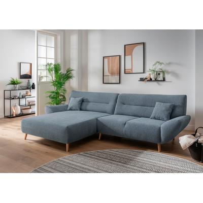 Ecksofa INOSIGN "Drago, elegant und zeitlos, komfortabel, Holzfuß, L-Form", blau (hellblau), B:290cm H:81cm T:166cm, 100% Polyester, Sofas, frei im Raum stellbar, inkl. 2 Zierkissen Image