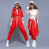 # 0102 Bühnenkostüme für Sängerinnen, Damen, Tanz, Nachtclub, Kostüm, Hip-Hop-Overalls, Unisex, mit Gürtel, roter Overall, lange Ärmel, locker