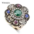 Türkische Antike Gold Kristall Blume Ringe Für Frauen Schwarz Stein Silber Farbe Gothic Ring Vintage