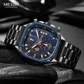 Megir Edelstahl Quarzuhr Männer quadratisches Zifferblatt Chronograph wasserdichte Armbanduhr mit leuchtenden Zeigern Datum Leinwand Armband blau