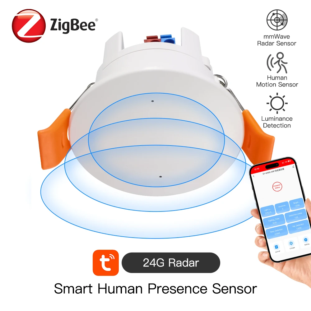 ZigBee MmWave Radar Bewegungssensor für menschliche Anwesenheit, 24 G, Deckenmontage, Helligkeits-/Entfernungserkennung, Tuya-Hausautomation Image