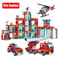 City Fire Station Ladder Truck Helicopter Car Rescue Boat Firefighter Figure Aircraft Model Moc