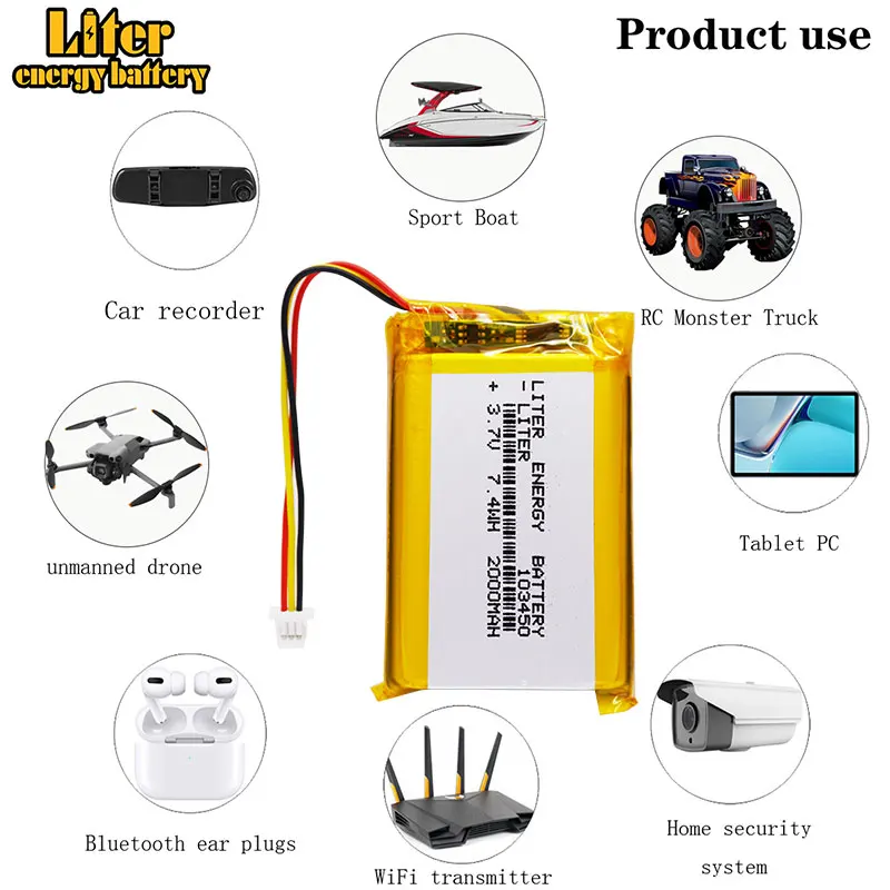 JST SHR 1,0 mm 3-poliger hochwertiger 3,7 V, 2000 mAh 103450 Polymer-Li-Ionen-Akku für GPS, MP3, MP4 Image
