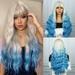 Synthetic Ombre Blue Wig with Bangs 30 Inches Long Ombre Blue White Wigs for Women Long Wavy Blue Wig Ombre Wavy Heat Resistant Wigs for Daily Party