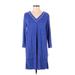 Lands' End Casual Dress - Shift V Neck 3/4 sleeves: Blue Solid Dresses - Women's Size Small