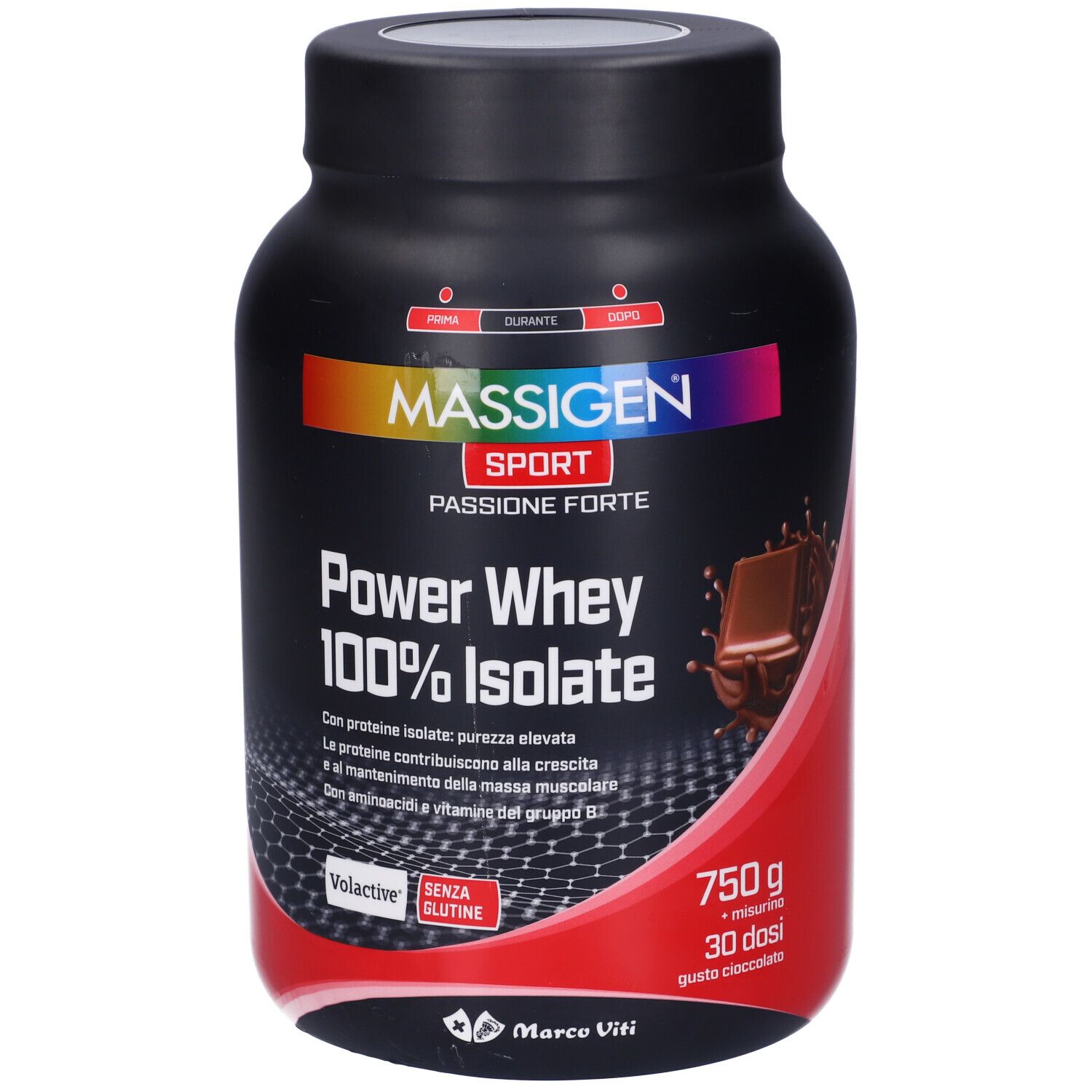 MASSIGEN Sport Power Whey 100% Isolate Gusto Cioccolato 750 g Polvere