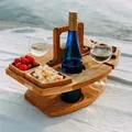 Wooden Folding Picnic Table with Glass Holder Round Foldable Desk Wine Glass Rack Collapsible Table