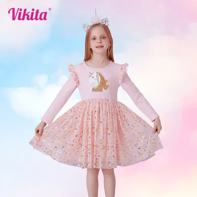 VIKITA Mädchen Prinzessin Kleid Einhorn Pailletten Langarm Herbst Kleid Kinder Geburtstag Party Image