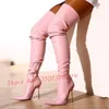 Super Spitze Zehen Rosa Lange Stiefel Frauen Sexy Metall High Heels Stretch Oberschenkel Hohe Stiefel Winter Outfit Mode Große Größe schuhe