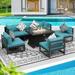 NICESOUL 7 Pieces Aluminum Outdoor Patio Sectional Furniture Sofa Set with Fire Pit Table Large Size Luxury Comfortable Durable Water/UV-Resistant Garden Porch Backyard Party (Teal Blue Cushion)