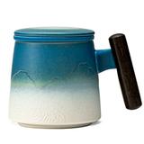 Ceramic Tea Cup with Infuser and Lid Gradient Embossed Large Tea Mug Wooden Handle for Steeping Loose Leaf Tea Lover Gifts 15.2 oz / 450 ml Cyan