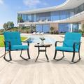 Sonerlic 3 Pcs Outdoor Patio Steel Leisure Rocking Chairs Sets with Sponge Cushions and Side Table Lake Blue