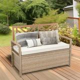 DWVO 70 Gallon Outdoor Storage Bench W/Cushion Wicker Storage Deck Box W/Seat All-Weather Rattan Storage Seating For Patio Furniture Outdoor Cushions Pool Storage Garden Tools -Beige