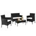 IVV Patio Furniture 4 Pieces Conversation Sets Outdoor Wicker Rattan Chairs Garden Backyard Balcony Porch Poolside loveseat with Soft Cushion and Glass Table Black