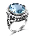 Real Pearl 925 Silver Rings Femmes Blue Topaz Aquamarine Big Gemstone Woman Rings Wedding Fine