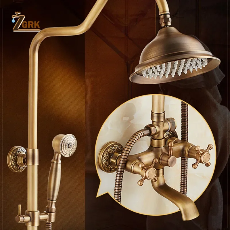 ZGRK Klassische Regen Dusche Set Antike Bronze Bad Dusche Wasserhahn Set Kupfer Wand Montiert Swivel Auslauf Mischbatterie Dusche System