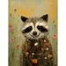 Gleeful Raccoon Picking Flowers Oil Painting Red White Blooms Spring Meadow Landscape Kids Bedroom Extra Large XL Wall Art Poster Print