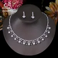 Classic 2pcs Cubic Zirconia Round Shape Bride Sets for Women Elegant White Pearls Necklace Earrings