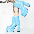 REAVE CAT 2022 Ladies Ankle Boots Zip Round Toe Platforms Candy Color Punk 8cm Chunky Heel US12