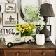 Vintage White Truck Decor w/ LED String Lights Sunflowers Artificial Flowers Farmhouse Table Home