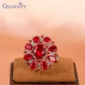 Rot Rubin Blume Form Edelstein Sterling 925 Silber Hochzeit Ringe Für Frauen Braut Fein Schmuck