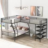 L-Shaped Metal Corner Bunk Bed with Ladder, Twin Over Full Bunk Bed with Twin Loft Bed & 4 Built-in Shelves, Black