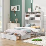 Queen Size Murphy Bed with Bookcase, Wood Murphy Cube Cabinet Bed with Bedside Shelves and Drawer, Modern Platform Murphy Bed