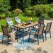 Summit Living 7 Pieces Outdoor Patio Dining Set with 6 Pieces Aluminum Stackable Chairs and 1 Piece Metal Table Wood Table Top Black&Gray