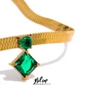 Yhpup Green White Cubic Zirconia Pendant Stainless Steel Flat Snake Chain Necklace Gold Color