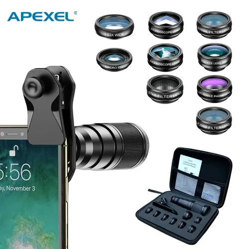 Apexel 10 in 1 Handy-Objektiv-Kit 22x Tele-Fisheye-Objektiv Weitwinkel-Makro-Objektiv cpl