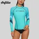 Anfilia Women's Long Sleeve Sun Protection Top Color Block Swimsuit Top UPF 50+