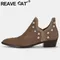 REAVE CAT Office-Lady Ankle Boots Pointed Toe Chunky Heels Rivets Slip-On Cool Big Size 34-43 Black
