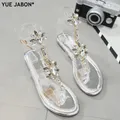 Splitter Frau Sandalen Strass Ketten T-strap Bequeme Flache Kristall Sandalen T-strap Thong Kristall